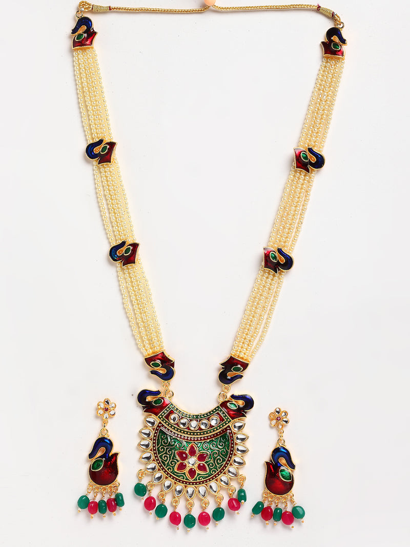 Meenakari Peacock Design Pendant with Multi-Strand Long Gold-Plated White Red Blue and Green Artificial Stones & Beads Studded Jewellery Set