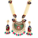 Meenakari Peacock Design Pendant with Multi-Strand Long Gold-Plated White Red Blue and Green Artificial Stones & Beads Studded Jewellery Set