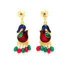 Meenakari Peacock Design Pendant with Multi-Strand Long Gold-Plated White Red Blue and Green Artificial Stones & Beads Studded Jewellery Set