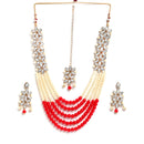 Flower Shaped Gold-Plated Kundan Pearl & Ruby Red-White Beads Studded Necklace Set With Crystal Earring and Maang Tika