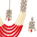Flower Shaped Gold-Plated Kundan Pearl & Ruby Red-White Beads Studded Necklace Set With Crystal Earring and Maang Tika