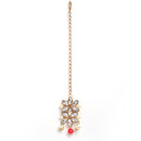 Flower Shaped Gold-Plated Kundan Pearl & Ruby Red-White Beads Studded Necklace Set With Crystal Earring and Maang Tika