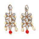 Flower Shaped Gold-Plated Kundan Pearl & Ruby Red-White Beads Studded Necklace Set With Crystal Earring and Maang Tika