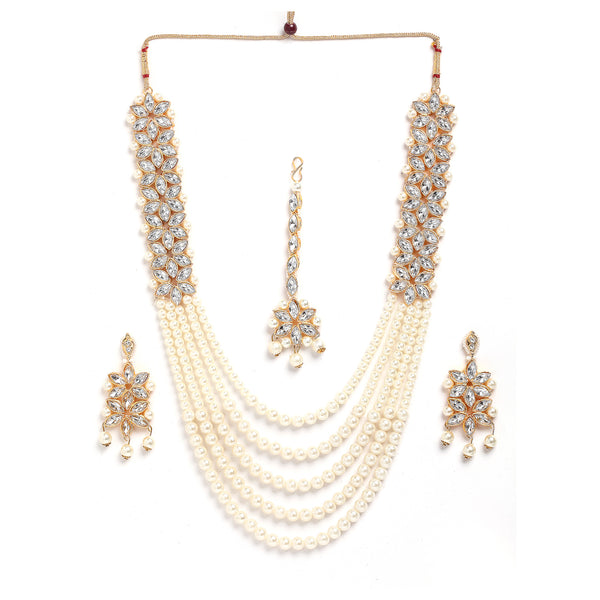 Flower Shaped Gold-Plated Kundan Pearl & Ruby White Beads Studded Necklace Set With Crystal Earring and Maang Tika