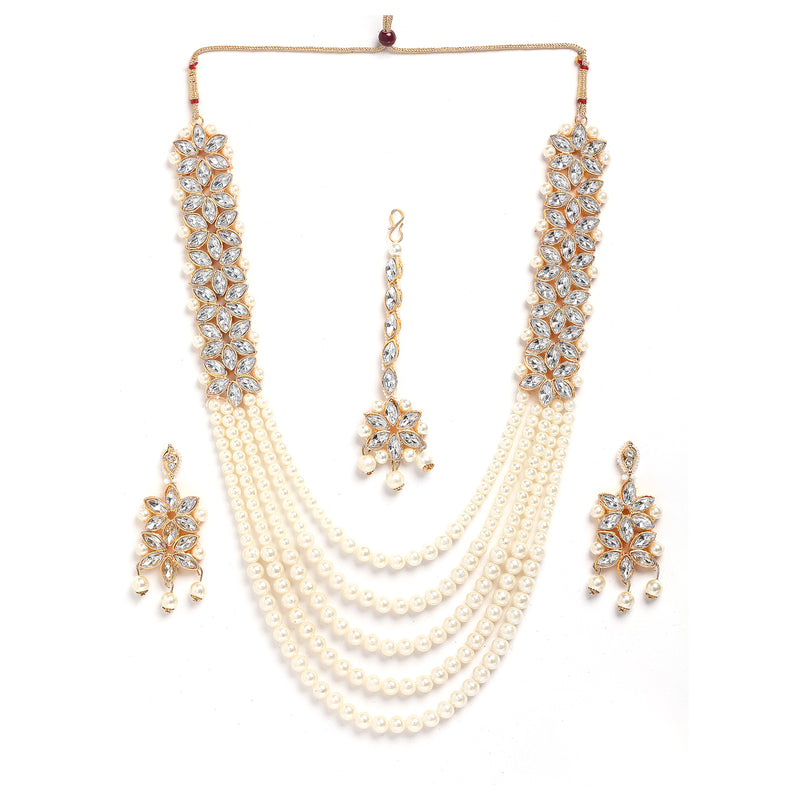 Flower Shaped Gold-Plated Kundan Pearl & Ruby White Beads Studded Necklace Set With Crystal Earring and Maang Tika