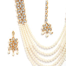 Flower Shaped Gold-Plated Kundan Pearl & Ruby White Beads Studded Necklace Set With Crystal Earring and Maang Tika