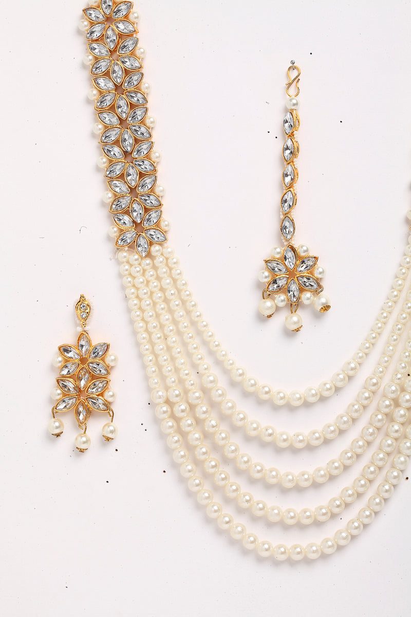 Flower Shaped Gold-Plated Kundan Pearl & Ruby White Beads Studded Necklace Set With Crystal Earring and Maang Tika