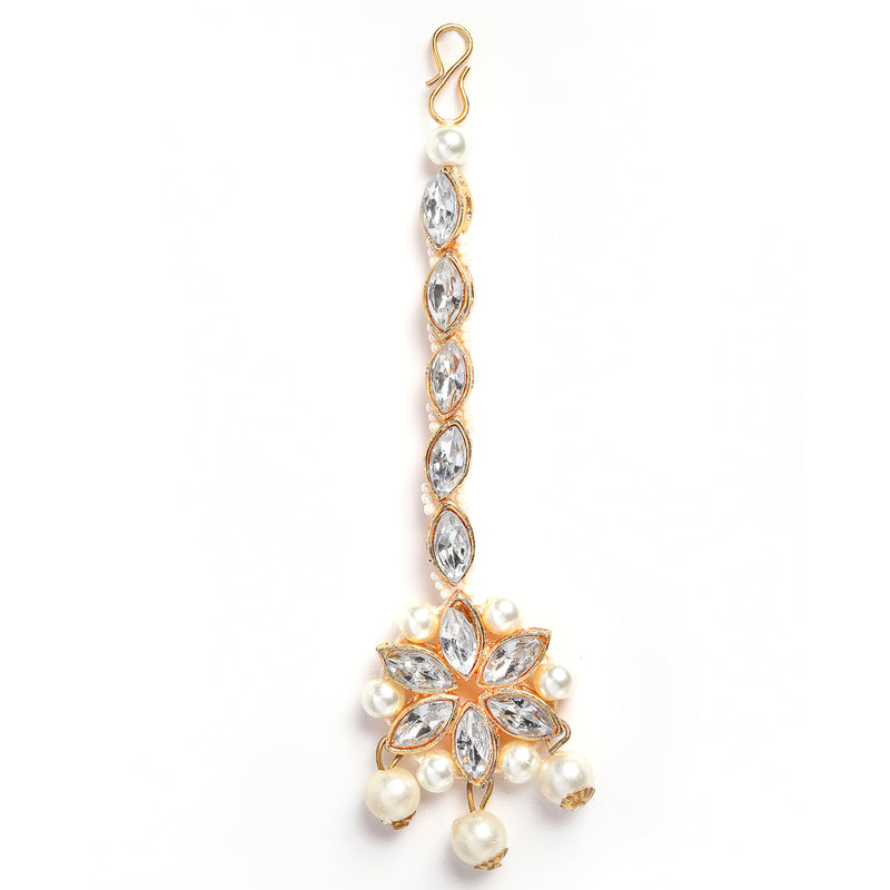 Flower Shaped Gold-Plated Kundan Pearl & Ruby White Beads Studded Necklace Set With Crystal Earring and Maang Tika