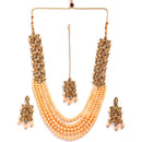 Flower Shaped Gold-Plated Champagne Kundan Studded & Pearl Beaded Multi-Stranded Jewellery Set