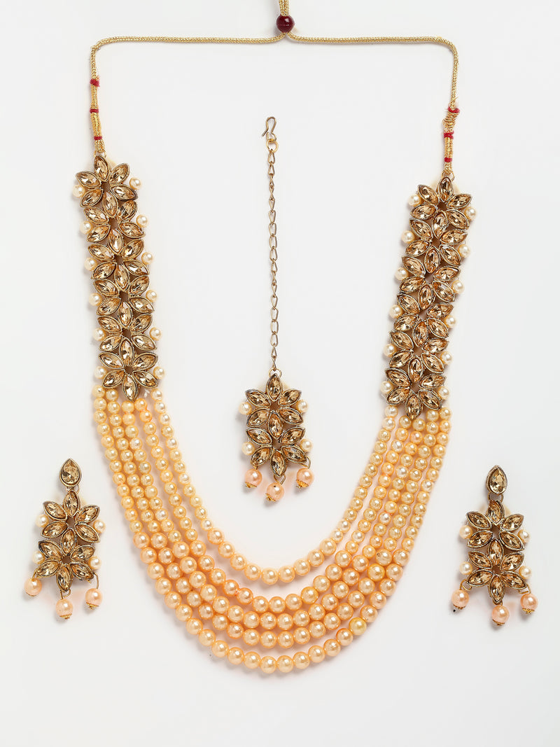 Flower Shaped Gold-Plated Champagne Kundan Studded & Pearl Beaded Multi-Stranded Jewellery Set