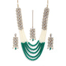 Flower Shaped Gold-Plated Kundan Pearl & Ruby Green-White Beads Studded Necklace Set With Crystal Earring and Maang Tika