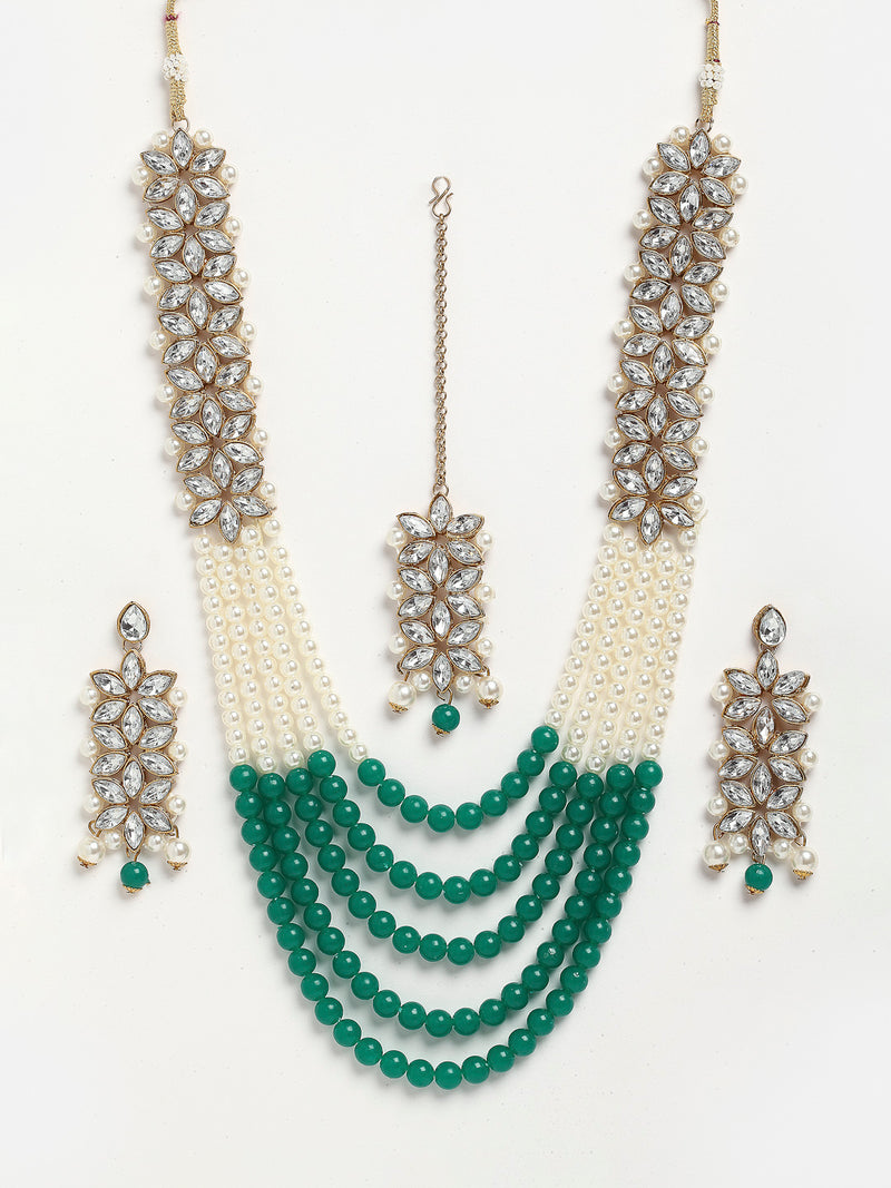Flower Shaped Gold-Plated Kundan Pearl & Ruby Green-White Beads Studded Necklace Set With Crystal Earring and Maang Tika