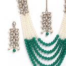 Flower Shaped Gold-Plated Kundan Pearl & Ruby Green-White Beads Studded Necklace Set With Crystal Earring and Maang Tika