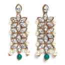 Flower Shaped Gold-Plated Kundan Pearl & Ruby Green-White Beads Studded Necklace Set With Crystal Earring and Maang Tika