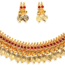Traditional Gold-Plated Temple Coin Choker Red Peral Studded Necklace & Earring Jewellery Set
