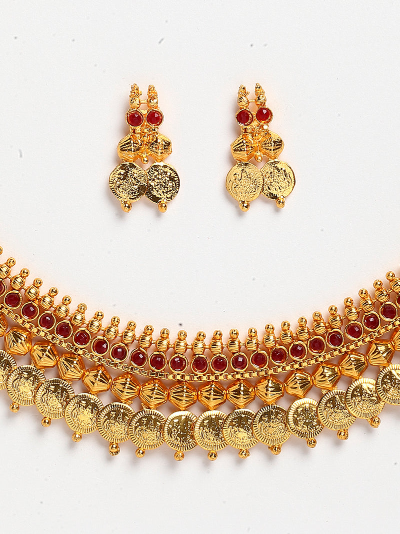 Traditional Gold-Plated Temple Coin Choker Red Peral Studded Necklace & Earring Jewellery Set