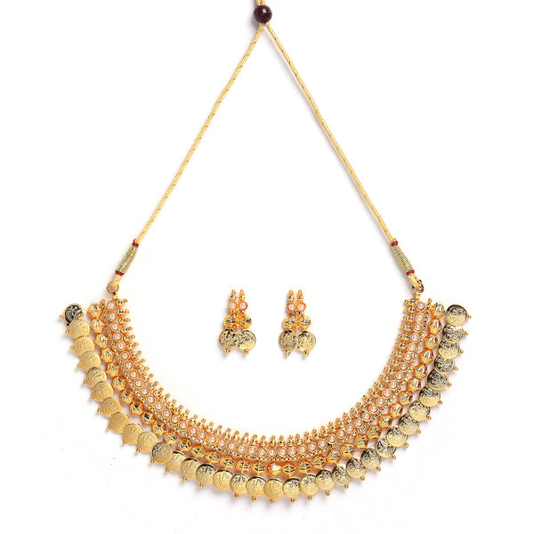 Traditional Gold-Plated White Pearl Lakshmi Coin Necklace & Earring Jewellery Set