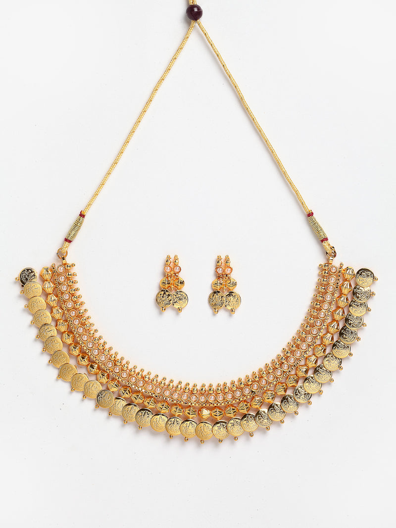 Traditional Gold-Plated White Pearl Lakshmi Coin Necklace & Earring Jewellery Set