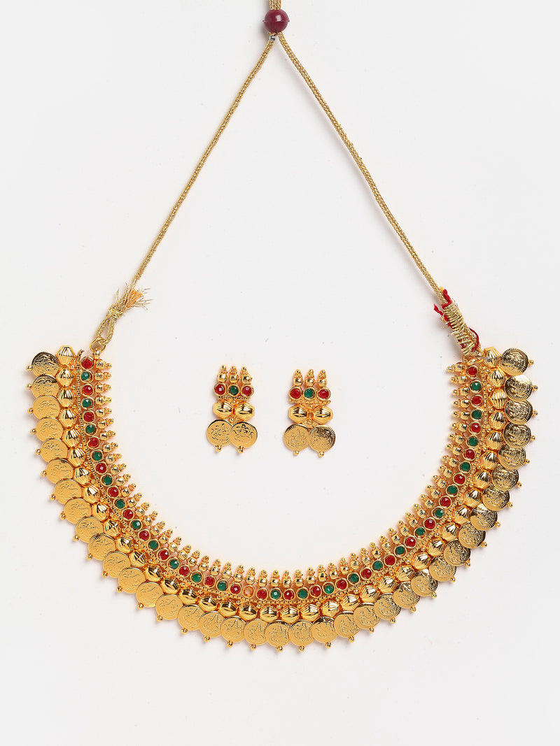 Traditional Gold-Plated Coin Choker Red Green Necklace & Earring Temple Jewellery Set