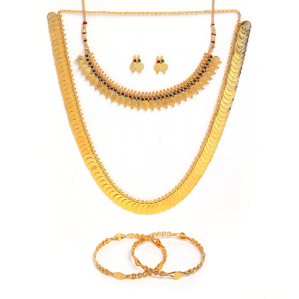Gold-Plated Polki Red & Green Temple Coin Jewellery Set with Bangles & Earrings