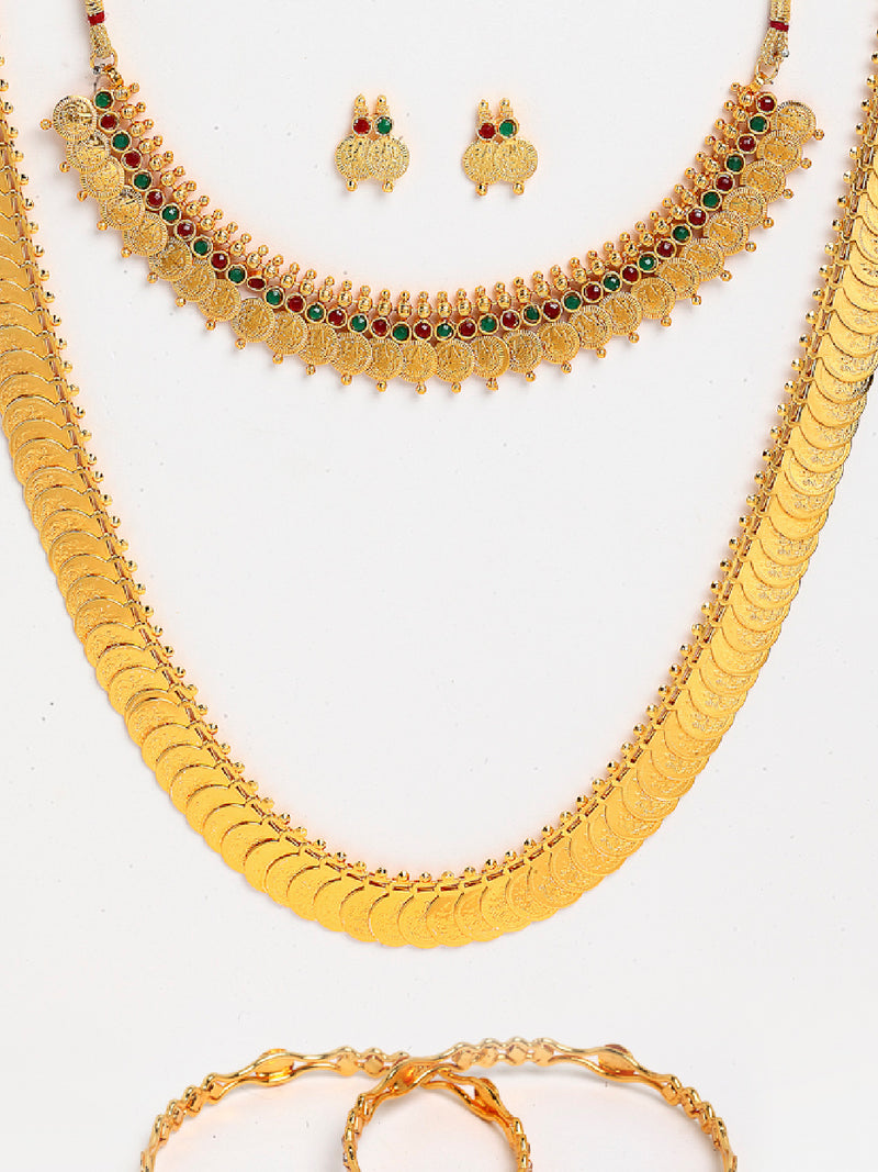 Gold-Plated Red Green Stone-Studded & Beaded Temple Jewellery Set Combo