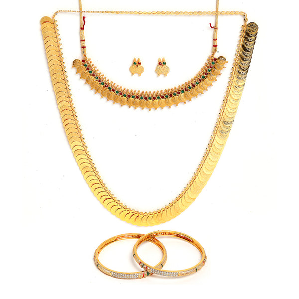 Gold-Plated Red & Green Temple Coin Jewellery Set with Bangles & Earrings