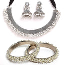 Oxidized White Pearl Studded Jewellery Set with Bangles & Earrings