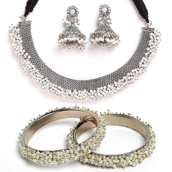 Oxidized White Pearl Studded Jewellery Set with Bangles & Earrings
