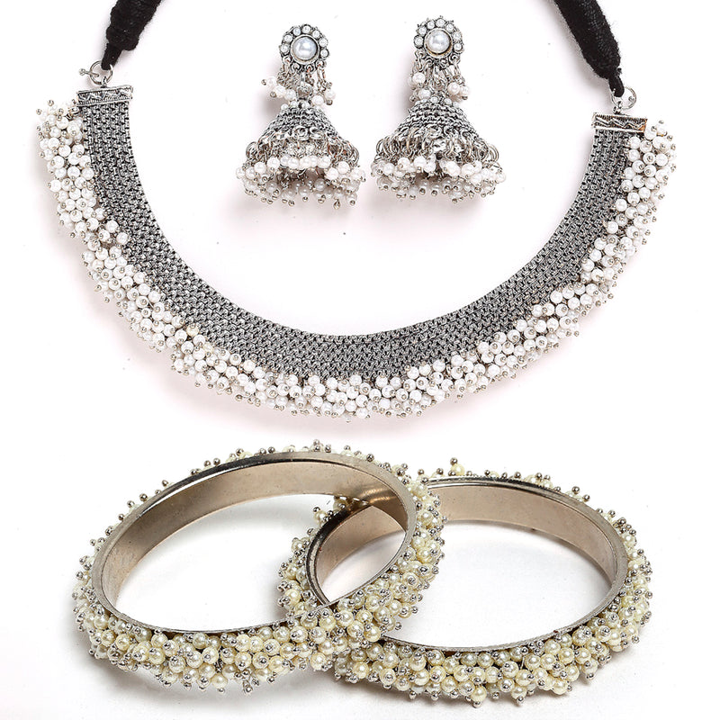 Oxidized White Pearl Studded Jewellery Set with Bangles & Earrings