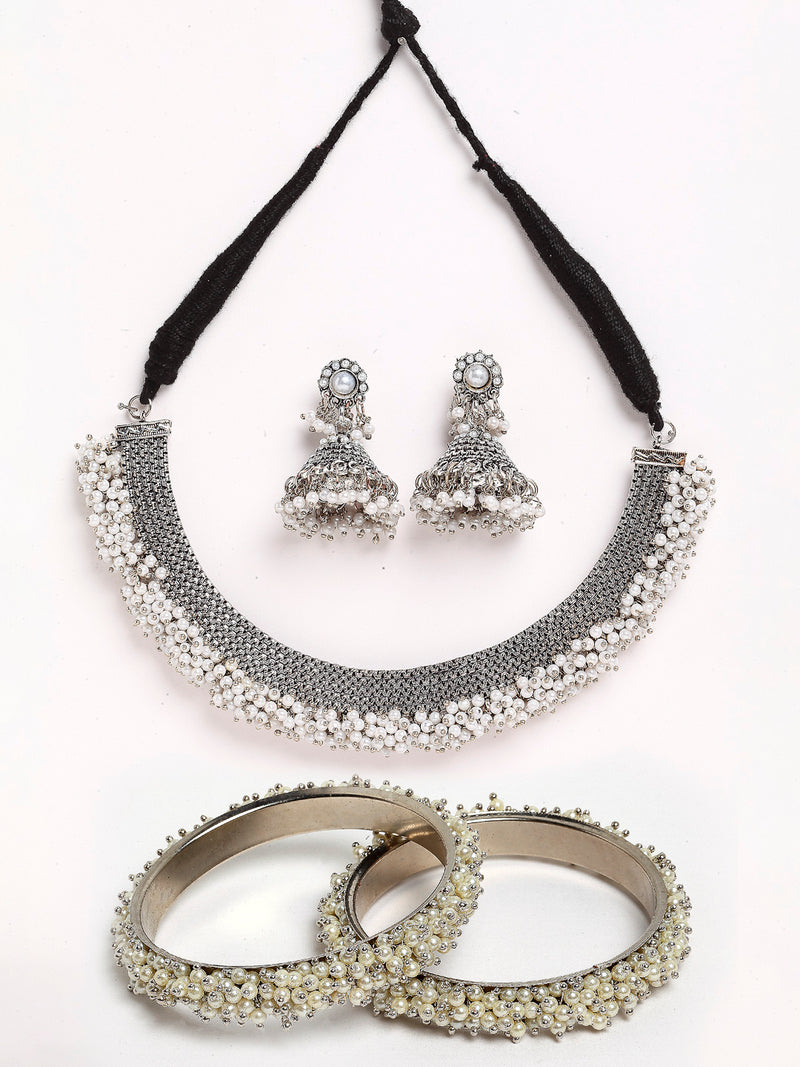 Rhodium-Plated with Oxidised Silver-Tone White Pearl Beaded Jewellery Set Combo