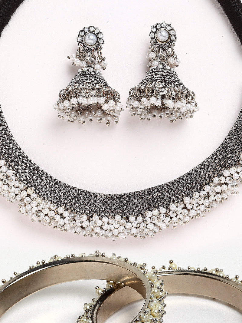 Rhodium-Plated with Oxidised Silver-Tone White Pearl Beaded Jewellery Set Combo