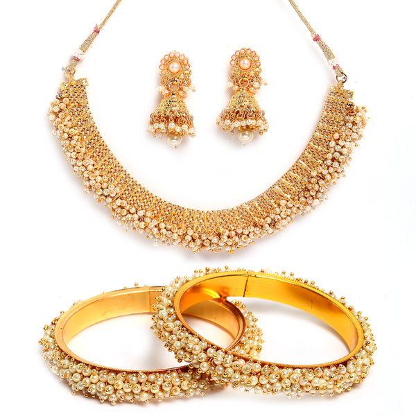 Gold-Plated White Pearl Jewelry Set with Bangles & Jhumka Earrings