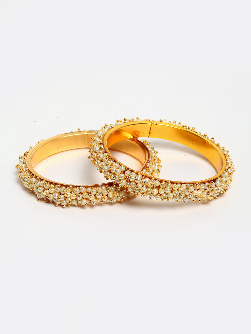 Combo Gold-Plated Off-White Stone-Studded & Beaded Temple Jewellery with Earrings & Bangles