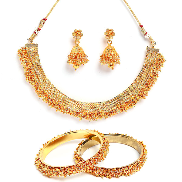 Gold-Plated  Pearl Jewelry Set with Bangles & Jhumka Earrings