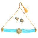Teal Blue & Turquoise Blue Gold-Plated American Diamond Studded & Beaded Multistrand Necklace Set