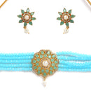 Teal Blue & Turquoise Blue Gold-Plated American Diamond Studded & Beaded Multistrand Necklace Set