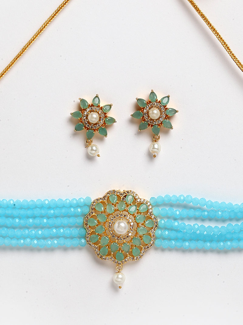 Teal Blue & Turquoise Blue Gold-Plated American Diamond Studded & Beaded Multistrand Necklace Set