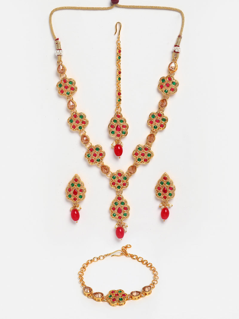 Floral Red Gold-Plated Green Kundan Studded Jewellery Set Combo
