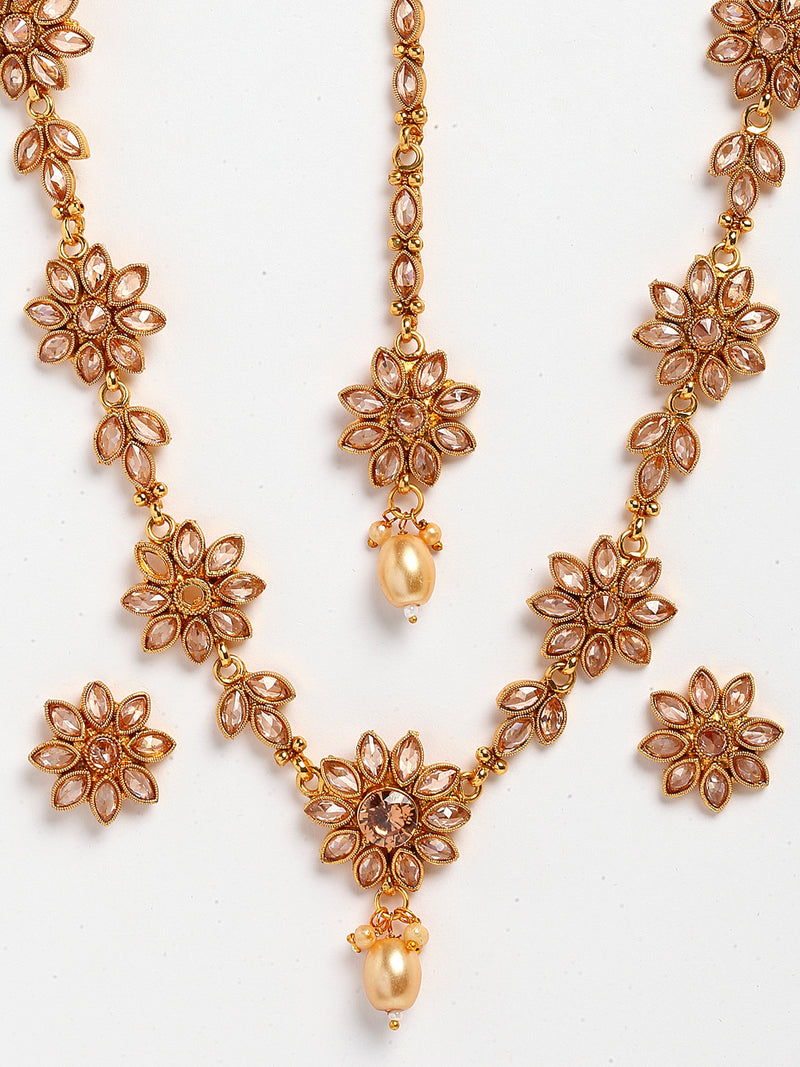 Floral Gold-Plated & Beige Kundan-Studded Jadau Jewellery Set Combo