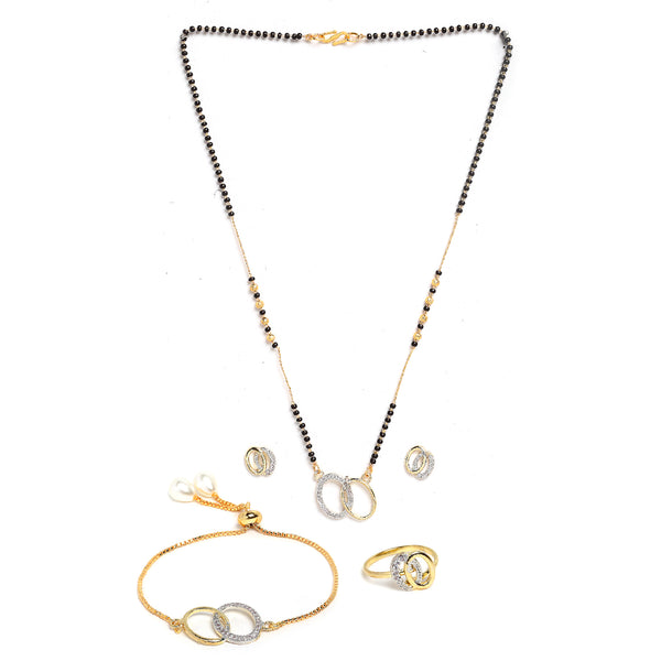 Gold-Plated & White AD-Studded & Beaded Oval Shaped Mangalsutra