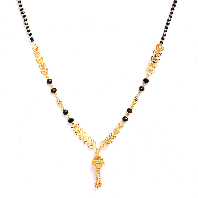 Gold-Plated Brass Black Artificial Beads Studded Floral Mangalsutra