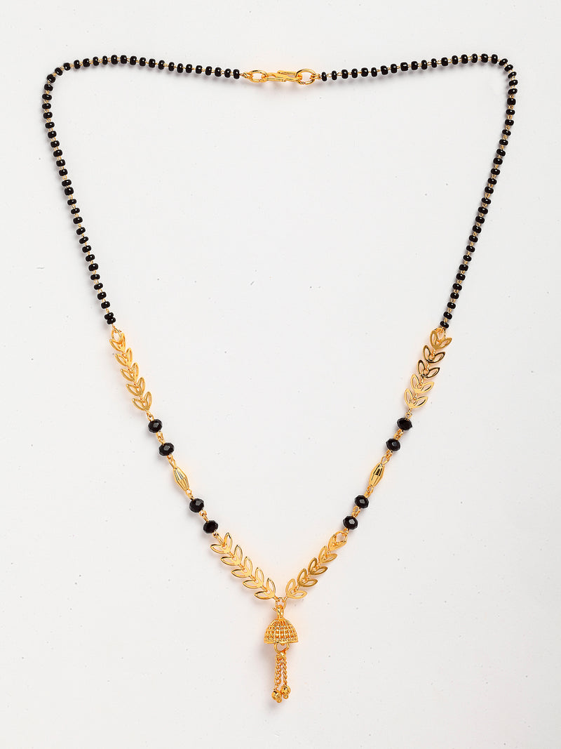 Gold-Plated Brass Black Artificial Beads Studded Floral Mangalsutra