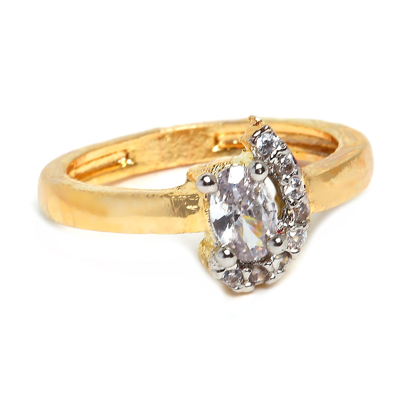 Gold Plated White American Diamond Studded Floral Design Pendant Combo Set With Adjustable Bracelet & Ring