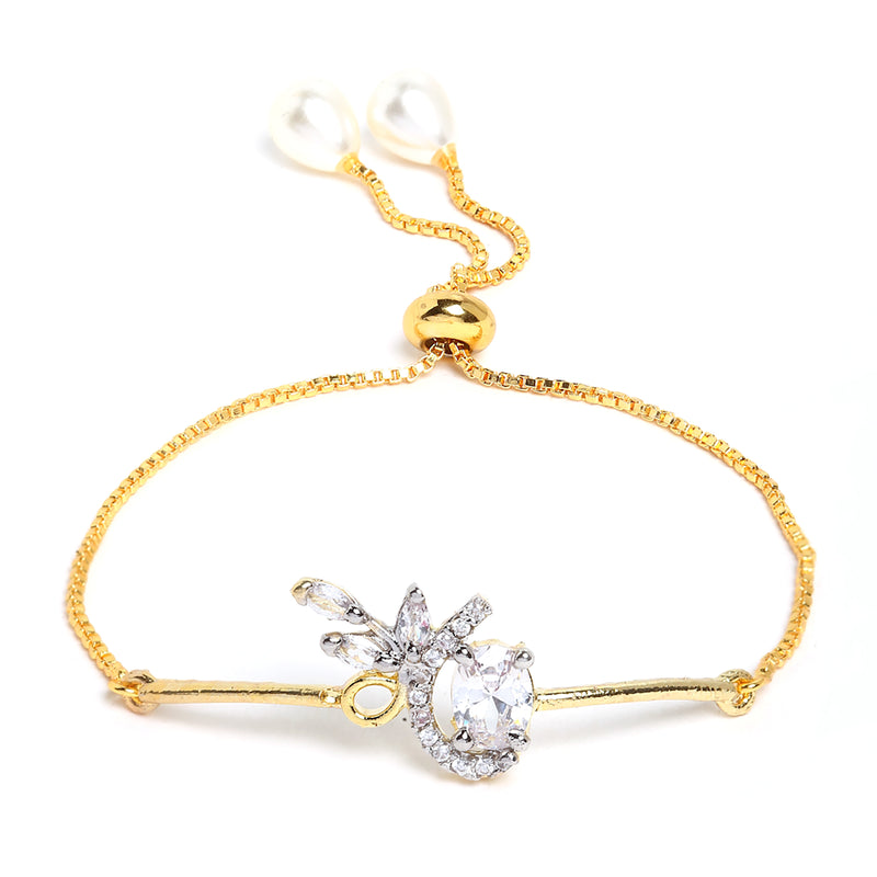 Gold Plated White American Diamond Studded Floral Design Pendant Combo Set With Adjustable Bracelet & Ring