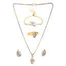 Gold Plated White American Diamond Studded Floral Design Pendant Combo Set With Adjustable Bracelet & Ring