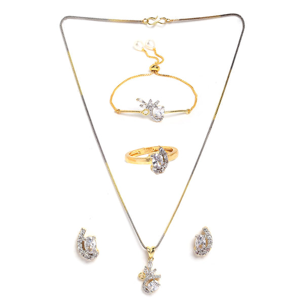 Gold Plated White American Diamond Studded Floral Design Pendant Combo Set With Adjustable Bracelet & Ring