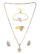 Gold Plated White American Diamond Studded Floral Design Pendant Combo Set With Adjustable Bracelet & Ring