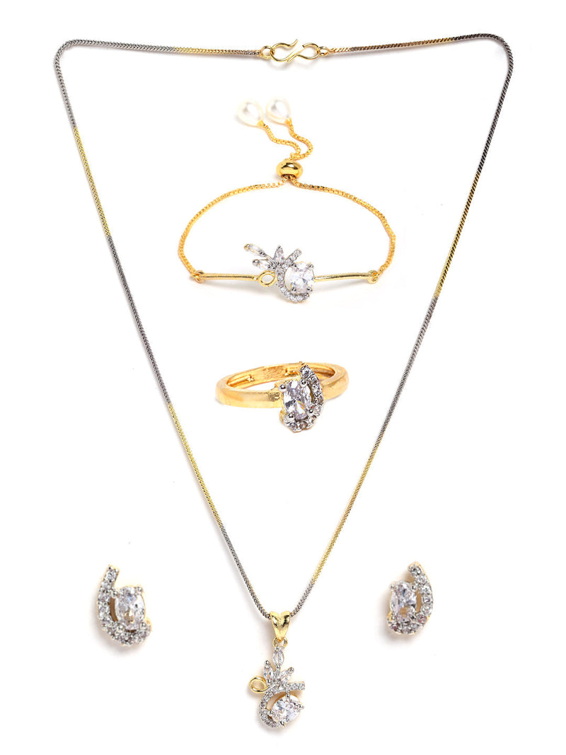 Gold Plated White American Diamond Studded Floral Design Pendant Combo Set With Adjustable Bracelet & Ring
