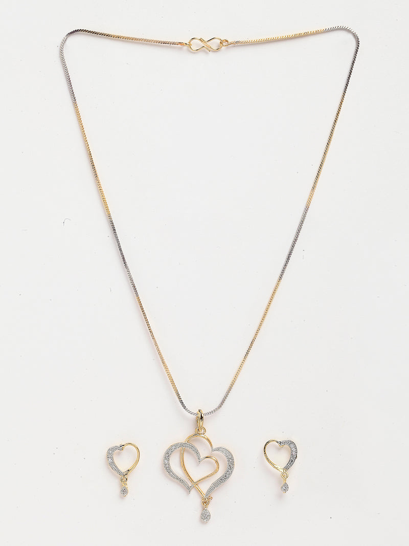 Heart Shaped Gold-Plated White Cubic Zirconia Stone Studded 3 Pendant Set With Chain & Earrings