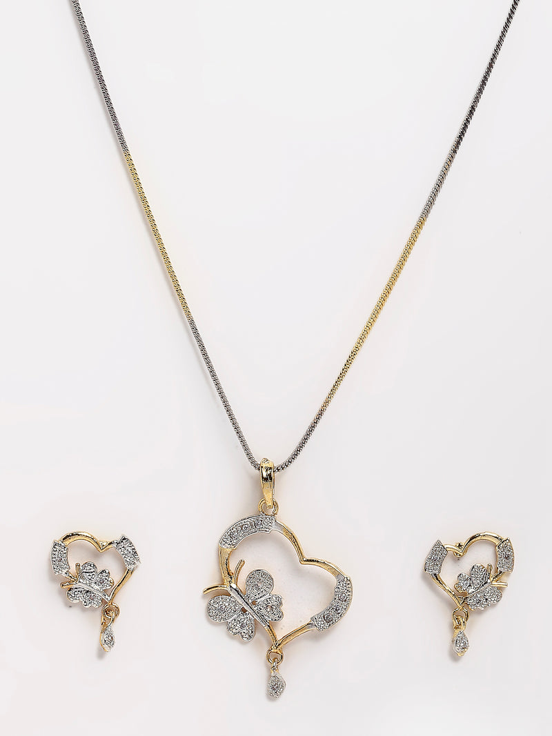 Heart Shaped Gold-Plated White Cubic Zirconia Stone Studded 3 Pendant Set With Chain & Earrings
